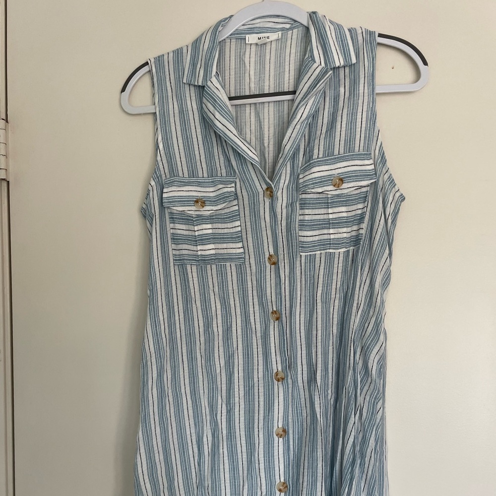 blue and white linen collared dress